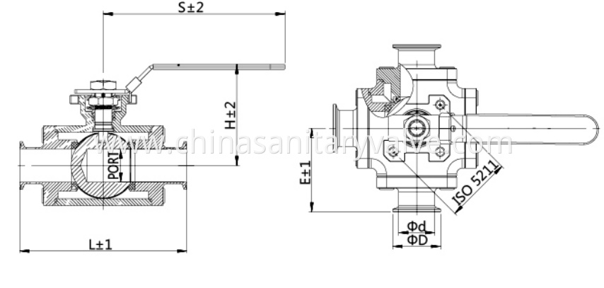 3A Hygienic manual square 3-way ball valves